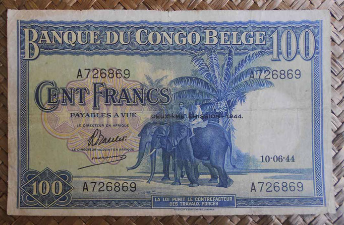 Congo Belga 100 francos 1944 (160x100mm) pk.17b anverso