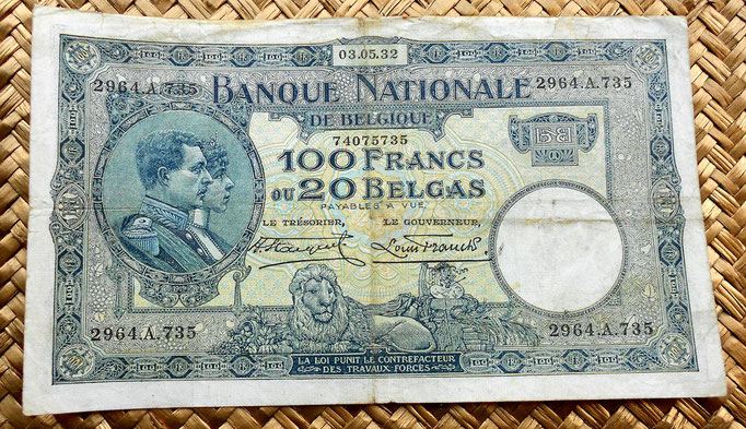 Bélgica 100 francos-20 belgas 1932 anverso