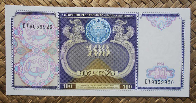 Uzbekistan 100 sum 1994 (144x68mm) pk.79a anverso