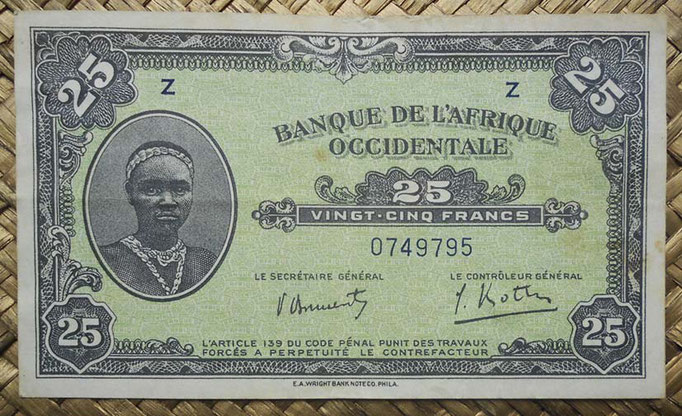 Africa Occidental Francesa 25 francos 1942 (120x70mm) pk.30a anverso