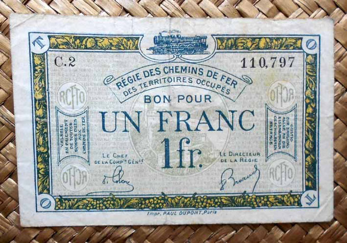 Francia 1 franco 1923 -Régie des Chemins de Fer des Territoires Occupés- anverso