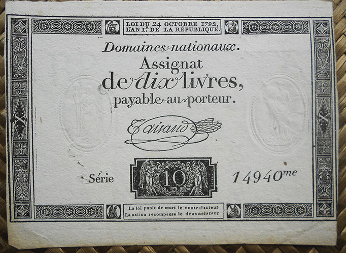 Francia Assignat 10 livres 1792 (72x114mm) pk.A66b uniface