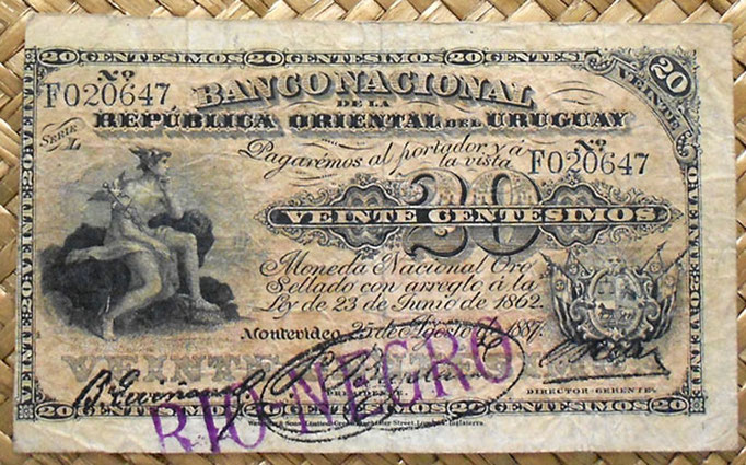 Uruguay 20 centésimos de peso 1887 resello Rio Negro anverso