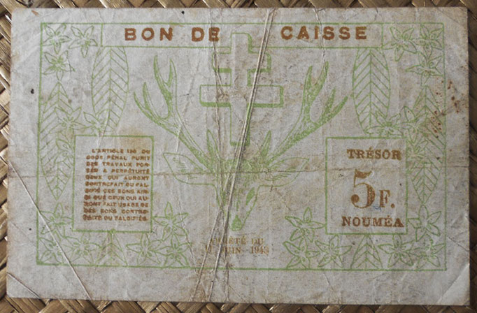 Nueva Caledonia 5 francos 1943 Bono -Tesoro de Noumea (114x70mm) pk.58 reverso
