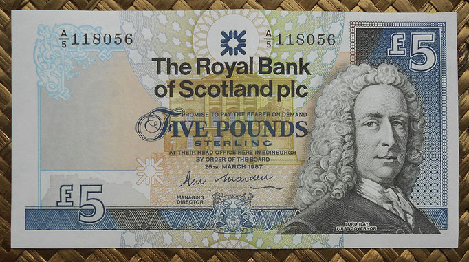 Escocia 5 pounds 1987 (147x78mm) pk.347a anverso