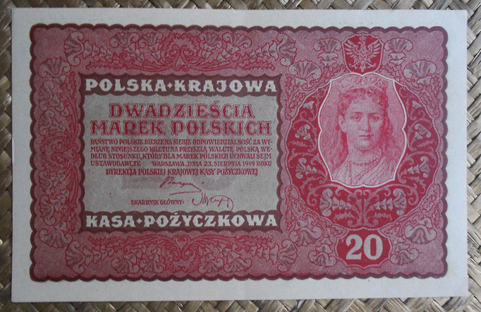 Polonia 20 marek 1919 (150x98mm) pk.26 anverso