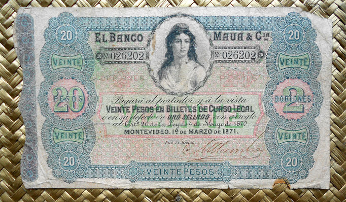 Uruguay 20 pesos oro sellado 1871 Banco Maua&Cia anverso