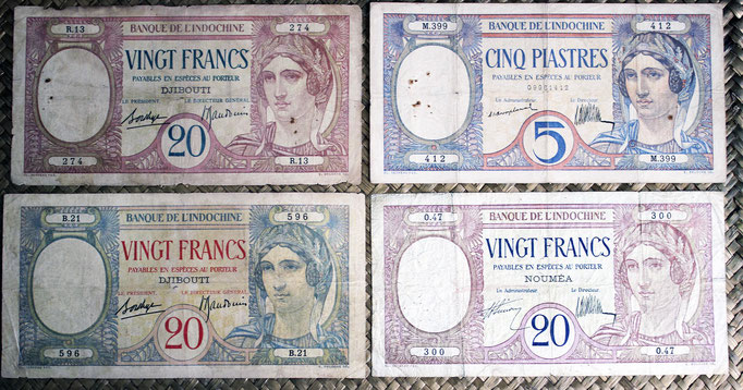 Indochina francesa 20 francos Djibouti 1926-1938 vs. 20 francos Nueva Caledonia 1929 vs. 5 piastras Indochina 1926 anversos