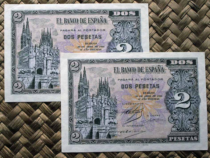España 2 pesetas 1938 (96x66mm) pk.109 pareja correlativa anversos