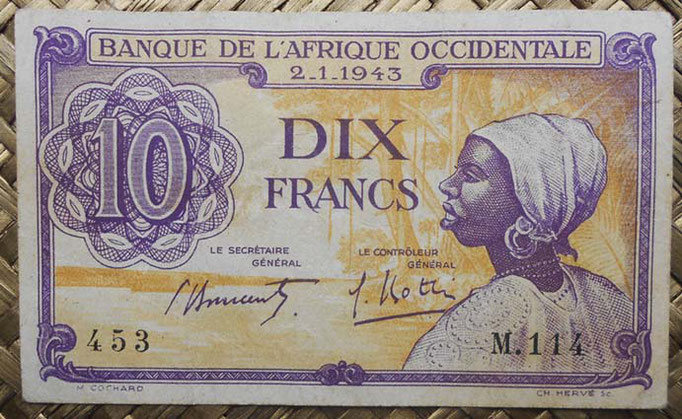 Africa Occidental Francesa 10 francos 1943 (97x58mm) pk.29 anverso