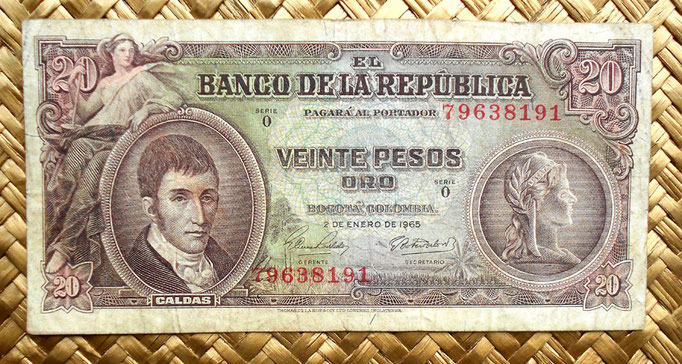 Colombia 20 pesos oro 1965 anverso