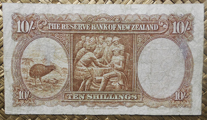 Nueva Zelanda 10 shillings 1940-55 (136x76mm) pk.158a reverso