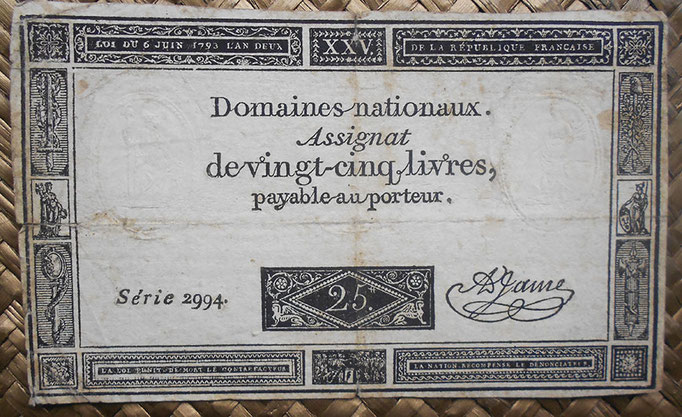 Francia Assignat 25 livres 1793 (75x127mm) pk.A71 uniface