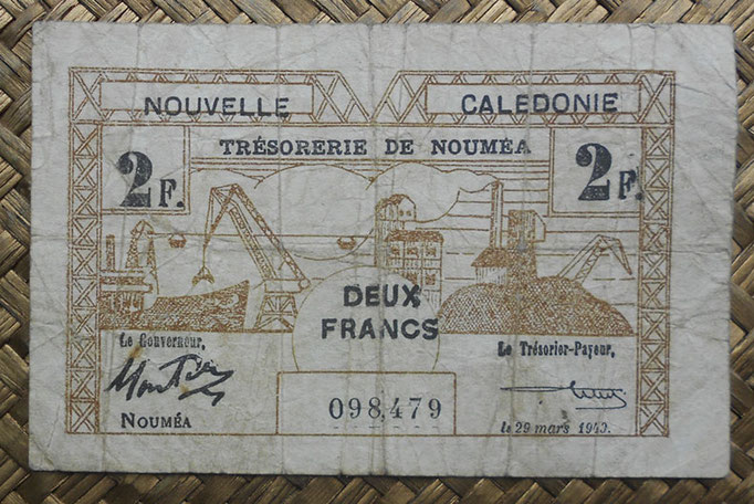 Nueva Caledonia 2 francos 1943 Bono -Tesoro de Noumea (114x70mm) pk.56a anverso