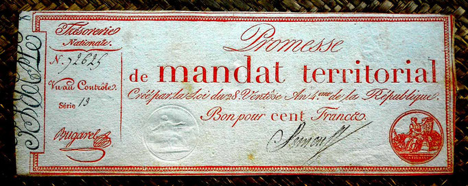 Francia Promesa de Mandato Territorial 100 francos 1796 (WPM pk. A84b) 260x110mm anverso