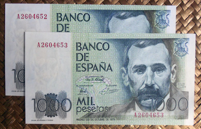 España 1.000 pesetas 1979 (138x75mm) pk.158 pareja serie A anversos