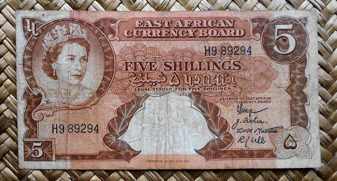 British East Africa 5 shilling 1958-60 anverso (132x70mm) pk.37