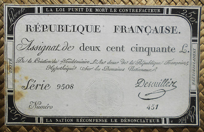 Francia Assignat 250 livres 1793 (100x164mm) pk.A75 uniface