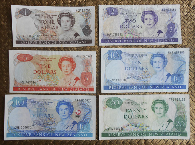 Nueva Zelanda dolares Isabel II años '80 s.XX anversos