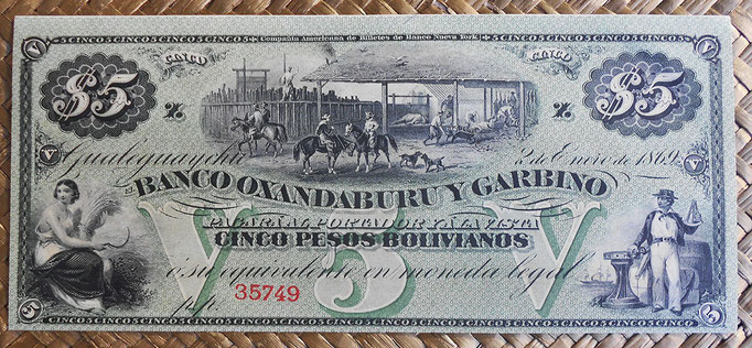 Argentina 5 pesos bolivianos 1869 Oxandaburu y Garbino (178x78mm) pkS1783r anverso
