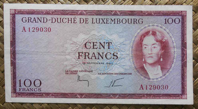 Luxemburgo 100 francos 1963 (148x78mm) pk.52a anverso