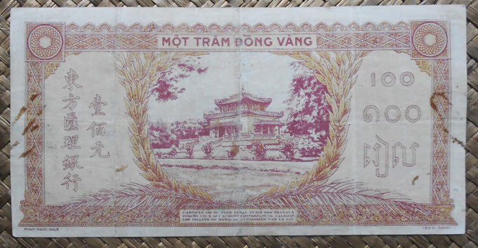 Indochina 100 piastras 1942-45 (174x76mm) pk.66? reverso