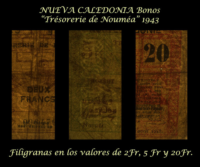 Nueva Caledonia serie francos 1943 Bonos -Tesoro de Noumea filigranas