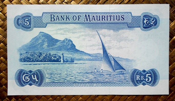 Isla Mauricio 5 rupias 1967 pk.30c reverso