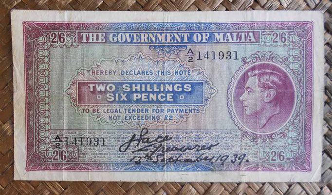 Malta 2 shillings 6 pence 1939 (135x75mm) pk.11 uniface