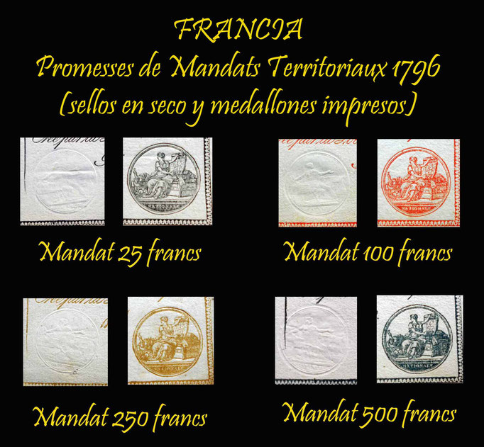 Francia serie Promesses Mandats Territoriaux 1796 sellos en seco y medallones impresos