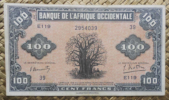Africa Occidental Francesa 100 francos 1942 (138x78mm) pk.31a anverso