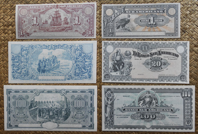 Ecuador serie Sucres 1920 Banco Sur Americano anversos-reversos