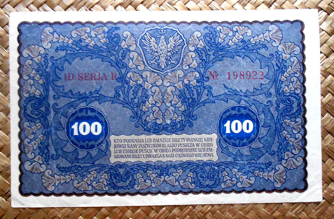 Polonia 100 marek 1919  pk.27 reverso