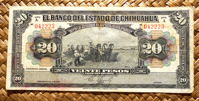 Mejico Estado de Chihuahua 20 pesos 1913 anverso