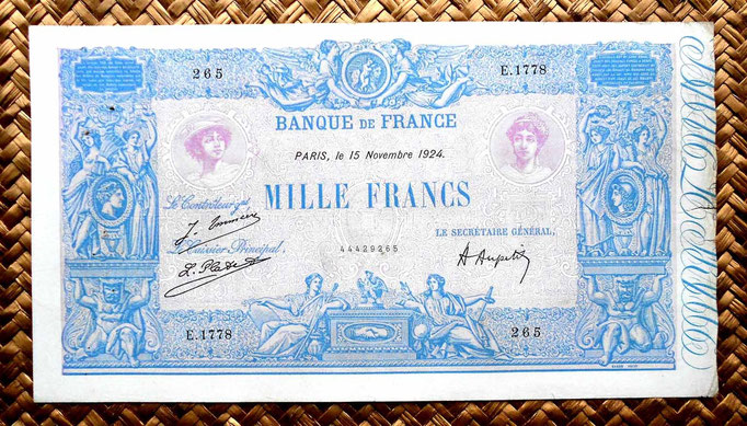 Francia 1000 francos Bleu et Rose 1924 anverso