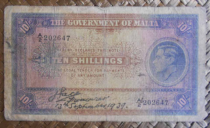 Malta 10 shillings 1939 (143x83mm) pk.13 uniface