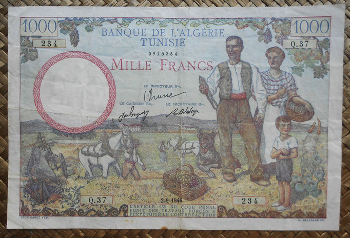 Argelia y Túnez 1000 francos 1946 (194x130mm) pk.26 anverso