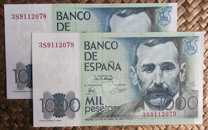 España 1.000 pesetas 1979 (138x75mm) pk.158 pareja serie 3S anversos