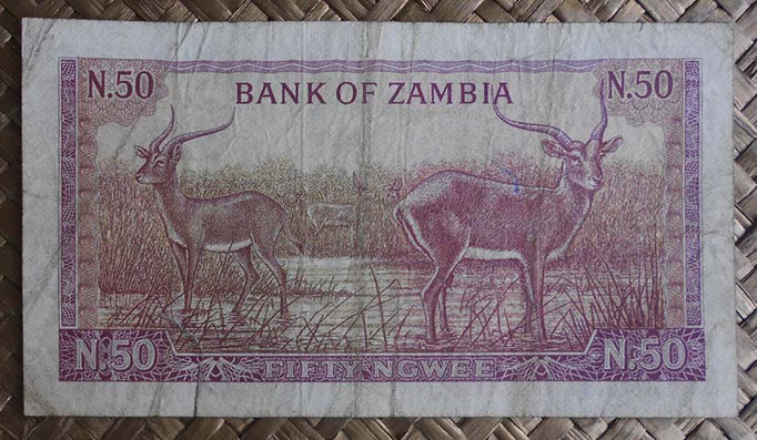 Zambia 50 ngwees 1968 (120x65mm) pk.4a reverso