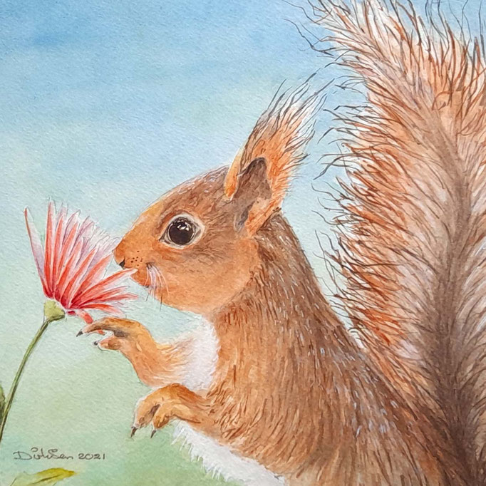 eekhoorn met bloem, aquarel zonder glas 20 x 20 cm
