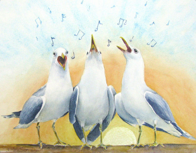 trio meeuw begroet de dag, aquarel 40 x 50 cm n.t.k.