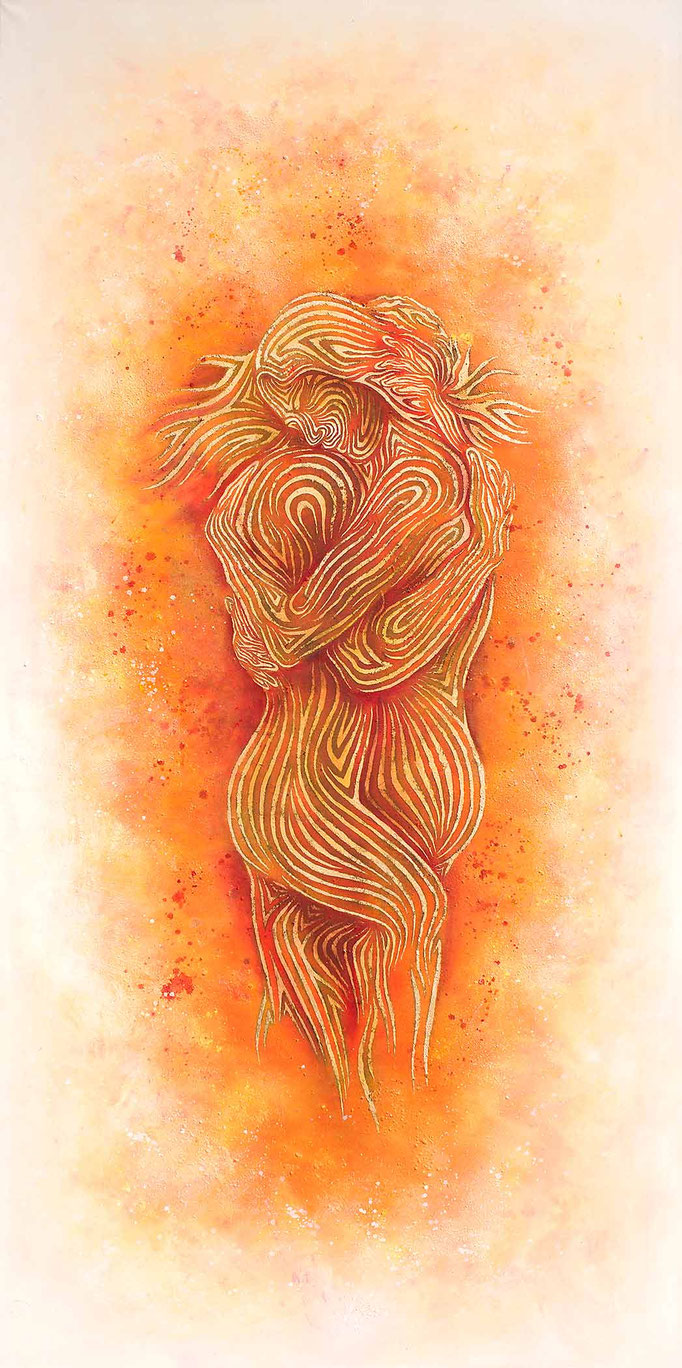 mystische Malerei, Titel: "Verbindung" (100x200cm) - Acryl, Sprühlack, Schlagmetall, Pigmente