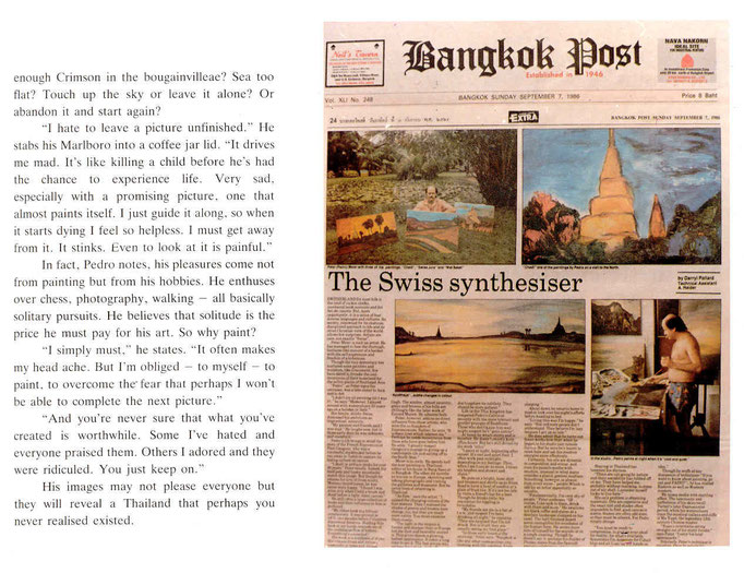 Pedro Meier Multimedia Artist newspaper article in »Bangkok Post«: – »The Swiss synthesiser« – Paintings »Scenes of Thailand« (September 7. 1986) by Darryl Pollard – Exhibition Narai Gallery Bangkok – Opening by the Embassy of Switzerland  - 4