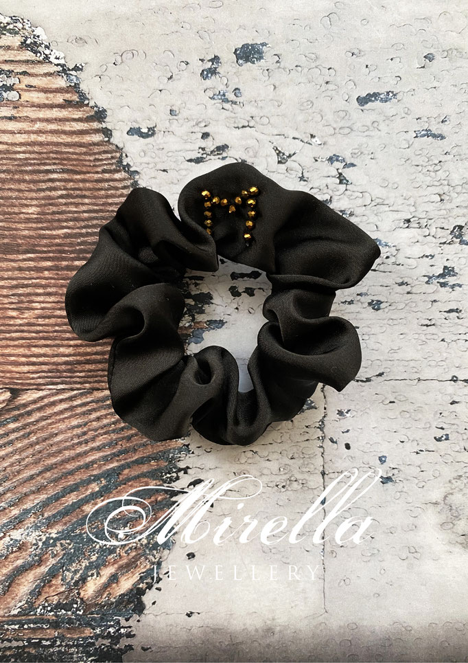 black scrunchie with golden glass beads