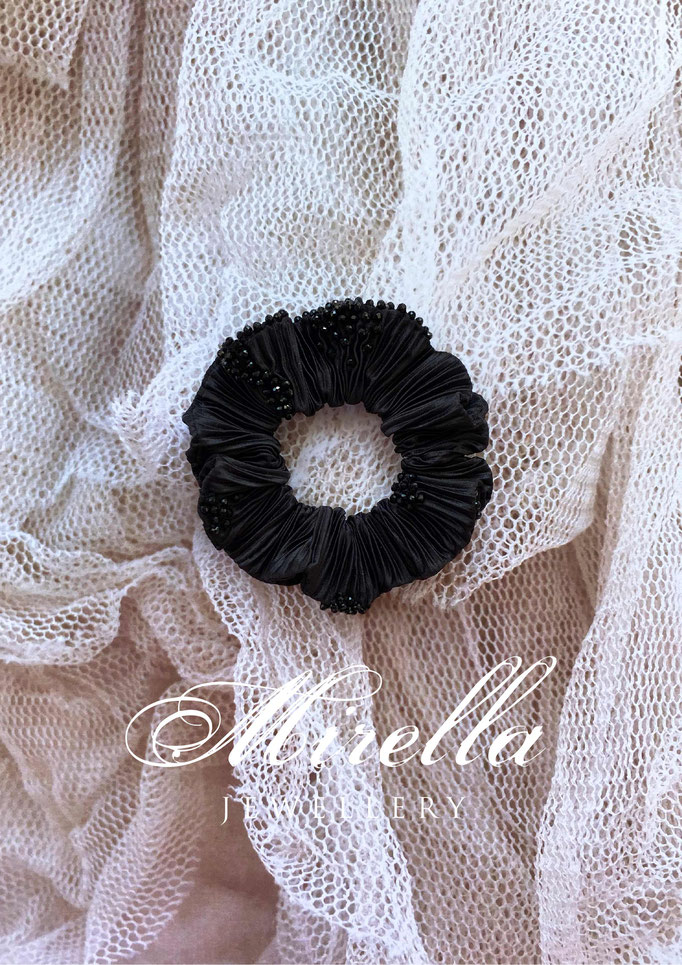 black scrunchie with black glass beads