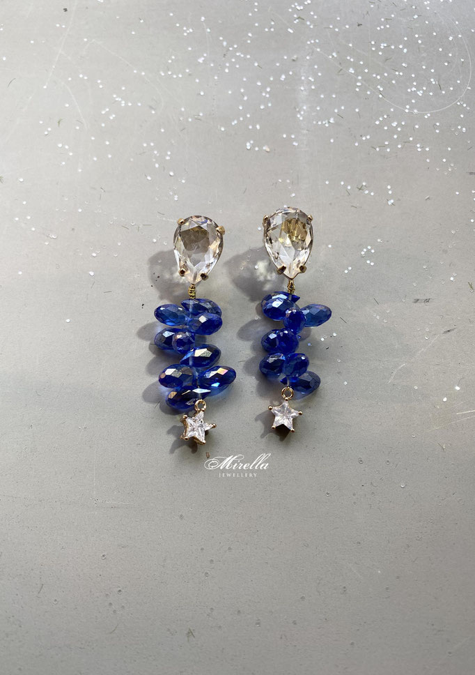 blue irregular earrings with a crystal stud and star pendant