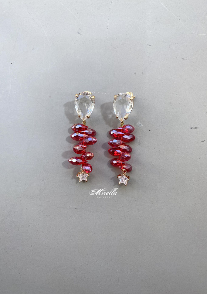 red irregular earrings with a crystal stud and star pendant