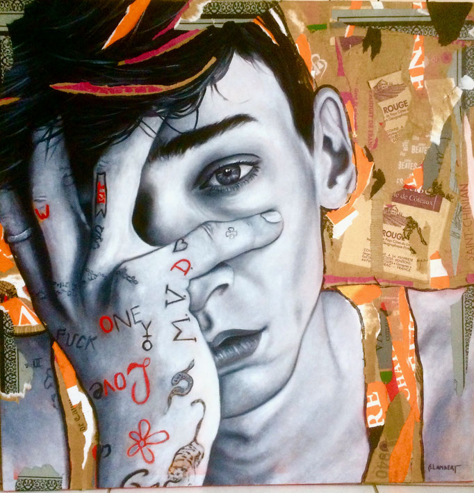 PENSÉE - VISAGE HUILE ET COLLAGE - 80 X 80 CM
