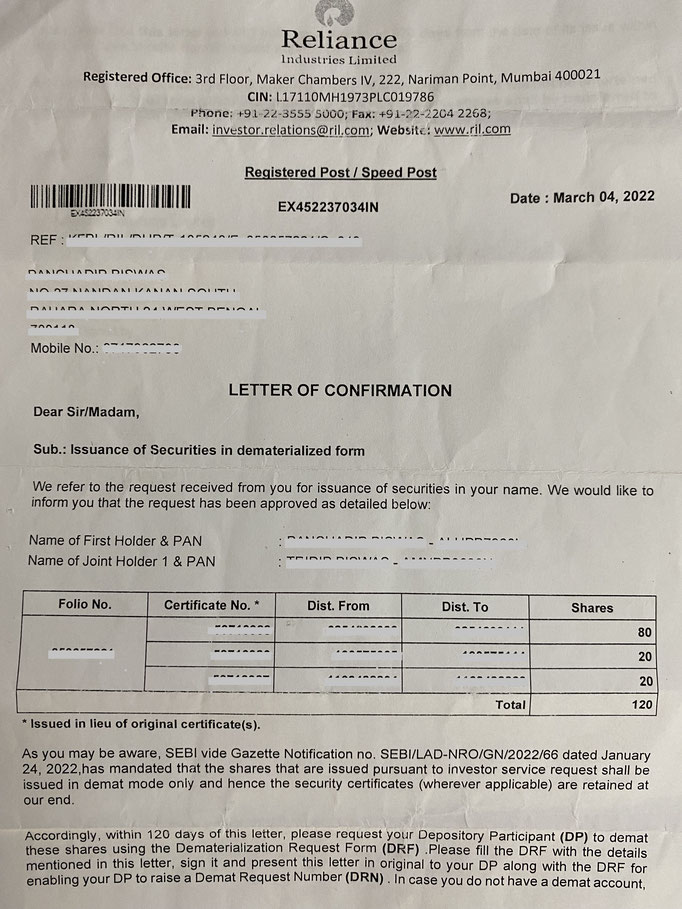 "Letter Of Confirmation" for duplicate share certificate issued by Reliance Industries Limited