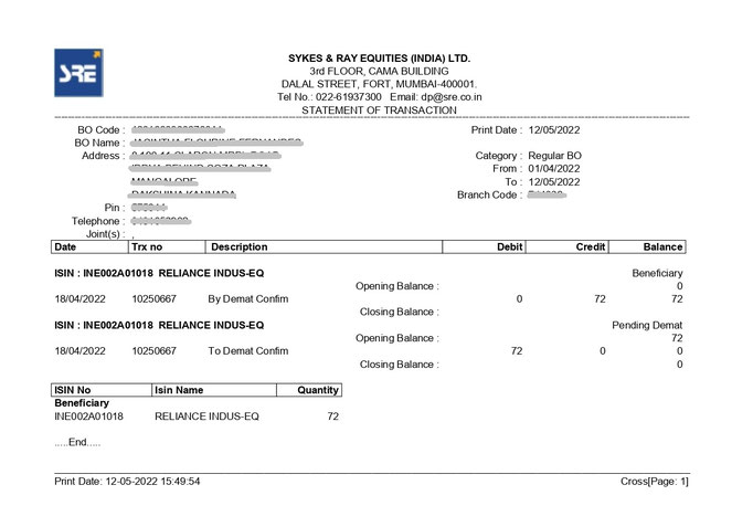 Dematerialisation of share certificate - Reliance Industries Limited